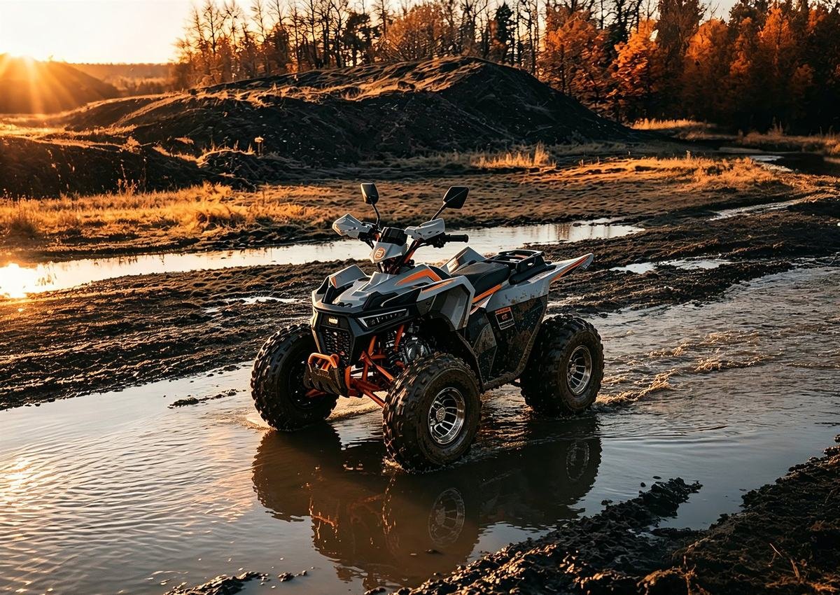 ATV quad bike centered in muddy off-road water for tour operators and rental fleets