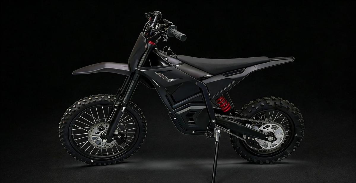 Black electric dirt bike product side view for off-road dealers