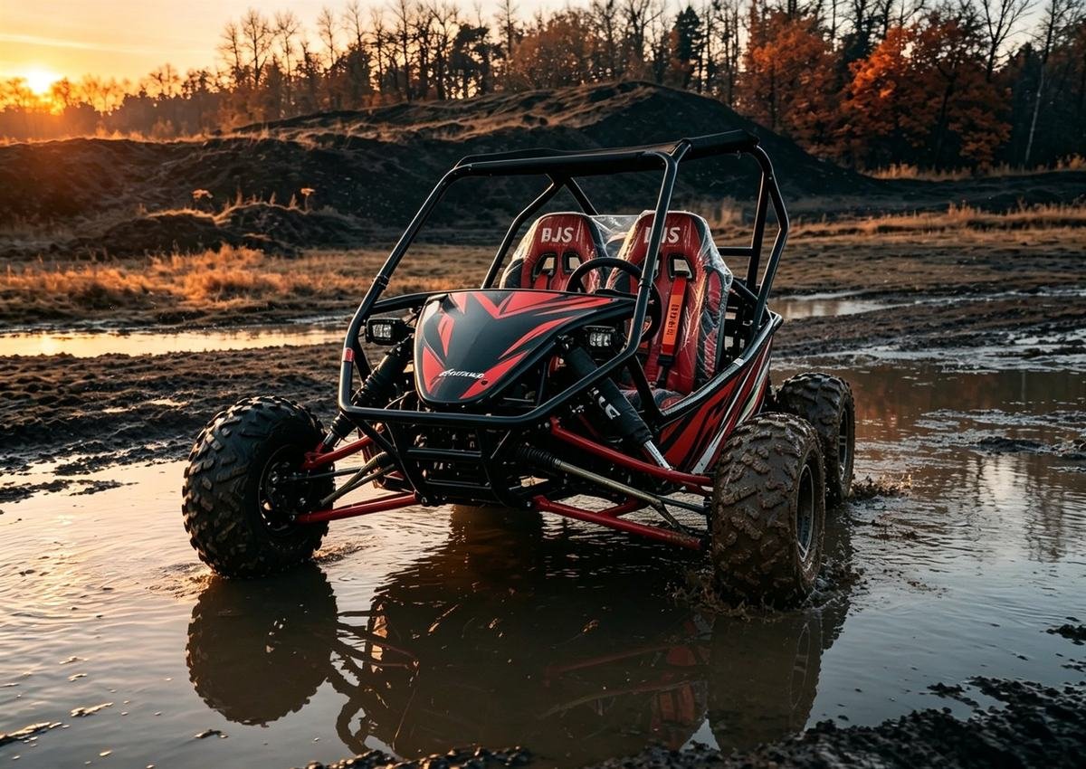 Gas go kart front view in muddy off-road water for adventure parks and rental tracks