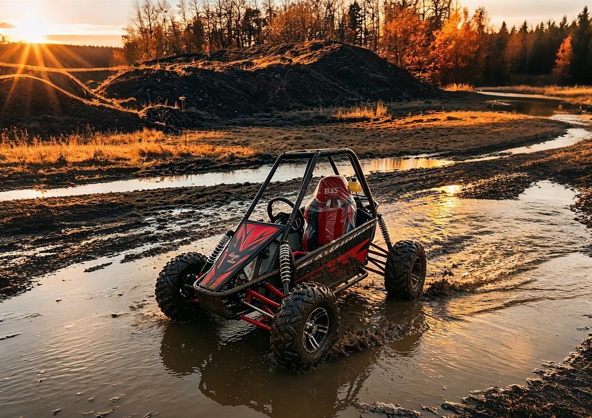 Mini buggy driving through muddy off-road water for resorts and adventure parks